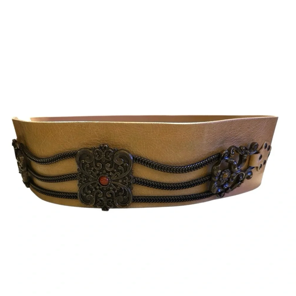 Renza Women’s Wide Leather Belt w/Baroque Medallions Stones Chain Boho Size L
